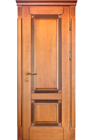 Wooden interior door of maple wood with brass handle and with geometric ornament isolated on white backgroundの写真素材