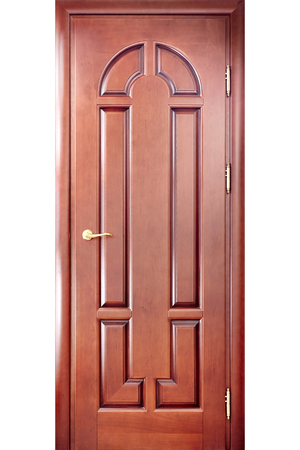 Wooden interior carved door in a door frame made of cherry tree with a brass handle with geometric ornaments isolated on white backgroundの写真素材