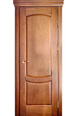 Wooden interior door made of maple wood with brass handle with geometric ornament isolated on white backgroundの写真素材