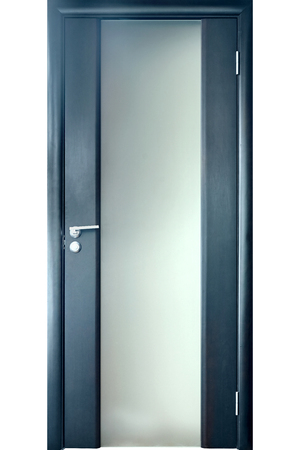 Wooden interior door of blue oak with silver metal handle and inset of rectangular frosted glass isolated on white backgroundの写真素材