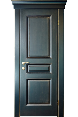 Wooden interior black and golden door of ebony with brass metal handle isolated on whiteの写真素材