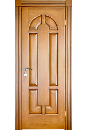 Entrance door of hazel with frame silver accessories and handle geometric ornament carving isolated white backgroundの写真素材