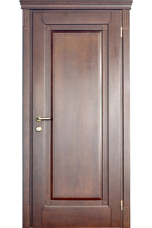 Wooden interior door of mahogany wood with brass handle and geometric ornament carving isolated on white backgroundの写真素材