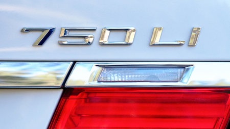 Grodno, Belarus, May 16, 2013: Silver logo 750 Li on white backdrop of BMW 750 Li XDrive carのeditorial素材