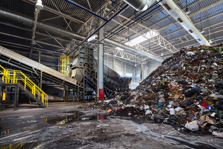 GRODNO, BELARUS - OCTOBER 2018: Solving problem of environmental pollution with waste as garbage processing plant - huge pile of garbage prepared for loading onto conveyor belt for further sorting and processing.のeditorial素材