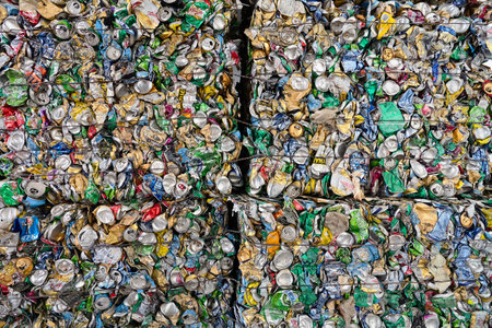 GRODNO, BELARUS - OCTOBER 2018: Pressed cube stack of beer and juice cans. Environmental hazard concept, reusable waste. Close up texture.のeditorial素材