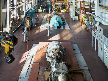 Example of chemical production interior. Compression department equipment. Air compressor part of...