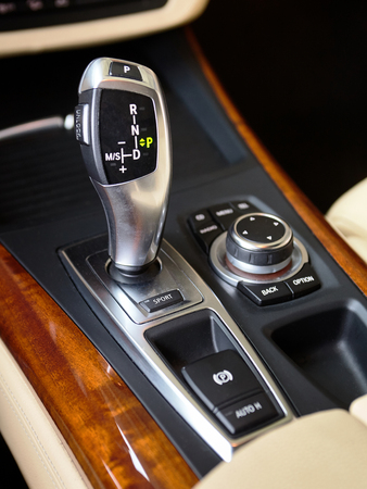 Closeup photo of car gearbox into luxury sports car.の写真素材