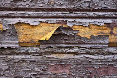 Old painted dilapidated flaky scaly wooden paint building wall brown chocolate colored yellow inside as design background or texture for backdrop.の写真素材