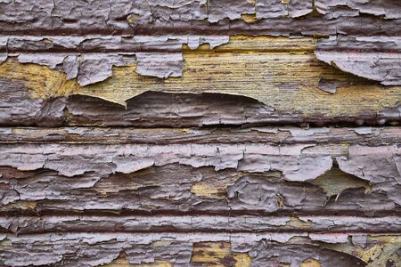 Old oil painted dilapidated flaky scaly wooden paint building wall brown chocolate colored yellow inside as design background or texture for backdrop.の写真素材