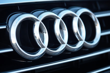 GRODNO, BELARUS - DECEMBER 2019: Audi logo and badge on the car. Close up of chromium-plated metal logotype on the dark background. Background with design elements and lines.のeditorial素材