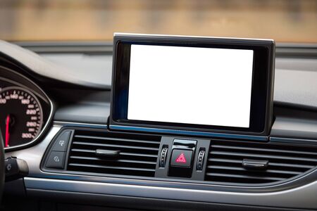 Interior with white monitor lcd display on dashboard with copy space and mock upの写真素材