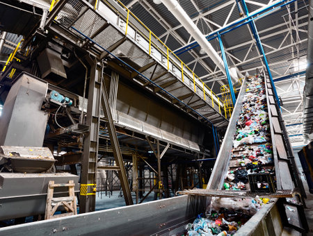 GRODNO, BELARUS - OCTOBER 2018: recycling plant conveyor belt transports garbage inside drum filter or rotating cylindrical sieve trommel or sorting pieces of garbage into various sizes fractions.のeditorial素材