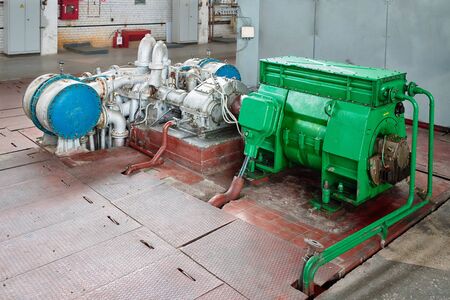 Business background of chemical enterprise oxygen compressor high-pressure for supplying workshops and departments of chemical plant with oxygen, for further petrochemical synthesis and reactions.の写真素材