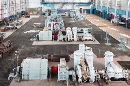 Example of chemical industrial interior. Compression department machinery. Two high pressure nitrogen turbine compressors, as part of large modern chemical plant nitrogen fire extinguishing system.の写真素材