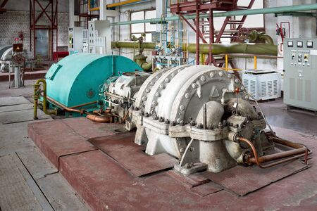 Interior element of chemical enterprise high pressure air turbo compressor retro design for supply workshops and departments of plant with air with copyspace.の写真素材