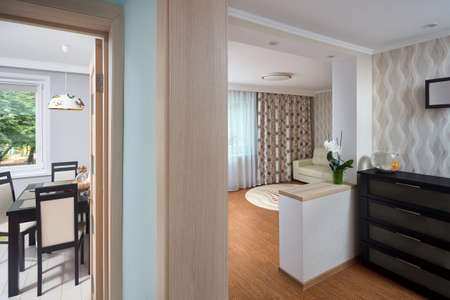 View from the hallway to the open doors to the kitchen and a room in a studio apartment. Doorway with wooden interior door with glass inserts in loft style closeup horizontal.の写真素材