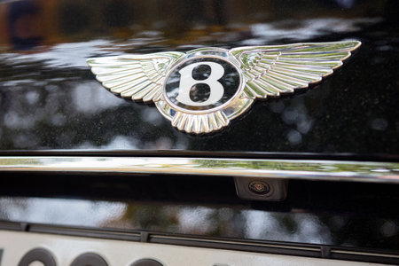 BERLIN, GERMANY - OCTOBER 2020: Bentley Bentayga Hybrid SUV luxury car rear view camera closeup parking assistance. Concept safety car driving while parking process. Assist device equipment.のeditorial素材