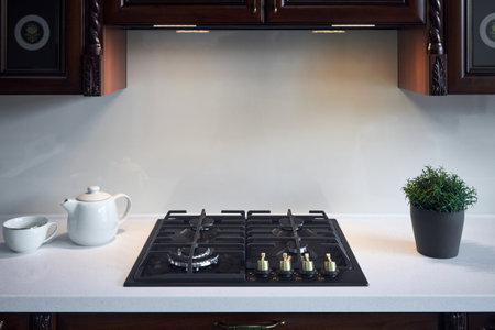 Warm light interior of modern kitchen in classic style with golden elements cherry alder wood cabinetry with built-in appliances gas hob and extractor fan with flower pot cup, teapot and copyspace.の写真素材