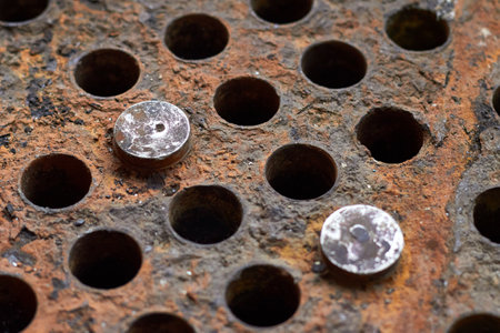 Tube sheet or plate of heat exchanger boiler closeup selective focus background disconnected muted clogged leaky tubes with steel plugs with insoluble hard mineral deposits salts scale and corrosion.の写真素材