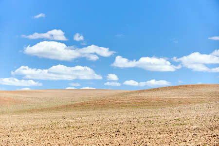 Ploughed arable plowing agricultural land plowed for crops under blue sky with clouds conceptual background with copyspace.の写真素材