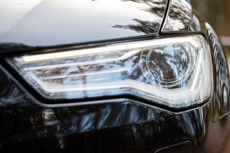 GRODNO, BELARUS - DECEMBER 2019: Audi A6 4G C7 Luxury Black car parts left front headlight and fog light with Running Headlamps turned on closeup selective focus over out of focus background.のeditorial素材