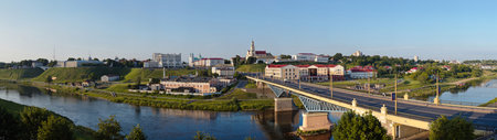 Grodno, Belarus - July 2014:downtown of Grodno Business and historical center with Drama theater, Boris and Gleb or Kalozhskaya church, old castle and new castle Grodno or Hrodna visafree Europe city.のeditorial素材