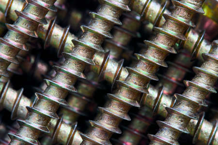 Golden brass steel tapping screws galvanized with tint lined ornamental macro background pattern lying diagonal, diag, oblique, tilt mesh, gridline, lattice over black closeup.の写真素材