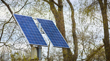 Solar battery generates clean green energy for lanterns in public park between trees. Concept of environmental conservation, combating pollution and greenhouse effect new technologies and innovations.の写真素材