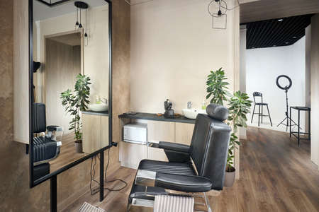 Barber shop or barbershop vintage interior design hair man salon empty with chair and photo studio.の写真素材