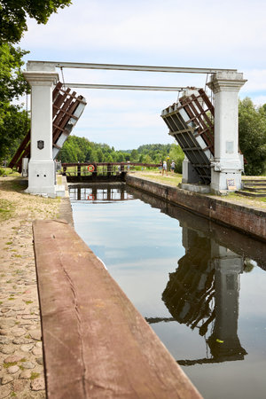 Grodno - August 2021: Augustow Canal, Avgustovski channel or Kanal Augustowski uniting Vistula Neman rivers protected by UNESCO in Chertok Dombrovka Grodno Hrodna visafree region Belarus in Europe.のeditorial素材