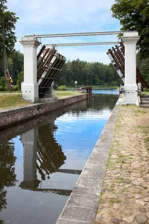 Grodno - August 2021: Augustow Canal, Avgustovski channel or Kanal Augustowski uniting Vistula Neman rivers protected by UNESCO in Chertok Dombrovka Hrodna Grodno visafree region Belarus in Europe.のeditorial素材