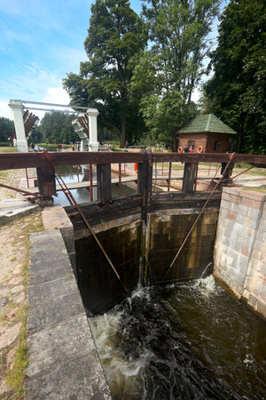 Grodno - August 2021: sluice gate of Dombrovka lock on Augustow Canal, Avgustovski channel or Kanal Augustowski protected by UNESCO in Grodno Hrodna visafree region Belarus in Europe.のeditorial素材