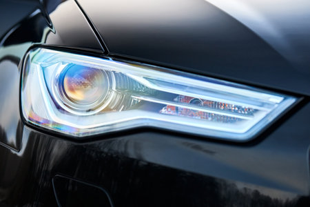GRODNO, BELARUS - DECEMBER 2019: Audi A6 4G C7 Luxury Black car parts right front headlight and fog light with headlight washer jets cover under closeup selective focus.のeditorial素材