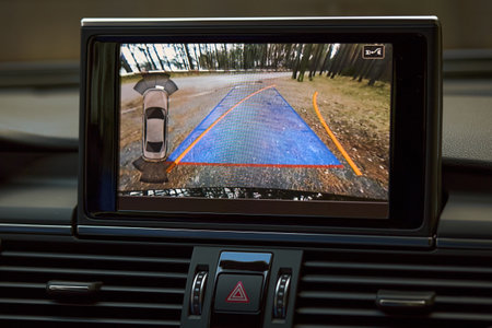 Car reverse parking sensor camera rearview monitor with dynamic trajectory turning lines and parking assistant steering wheel turned right. Help assist options of luxury car.の写真素材