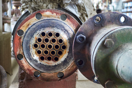 Industrial little heat exchanger or boiler tubes bundle. Heat exchanger shell and tubes opened for...
