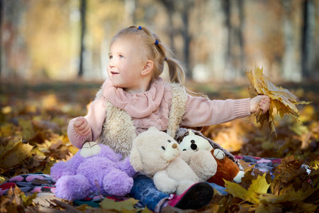 Little beautiful girl with earrings and yellowed autumn maple leaves in hand sunny bunny on face in autumn park over golden leaves with soft toys hedgehog and bear cub fall background with copyspace.の写真素材