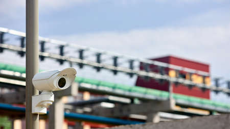 Explosion prevention modern petrochemical plant security system chemical factory surveillance system CCTV camera operating to prevent theft accidents explosions catastrophes and industrial espionage.の写真素材