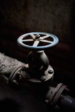 Industrial retro valve or ventil with flanges closeup selective focus over dark industrial steampunk...