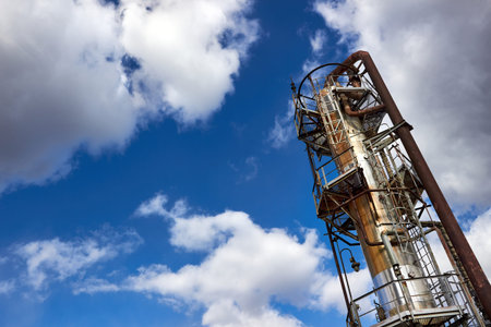 Oil refinery chemical plant wide view with copyspace over blue evening sky with clouds background....