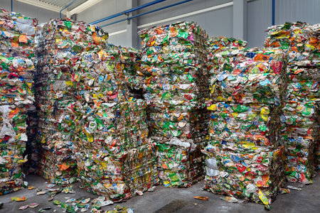 GRODNO, BELARUS - OCTOBER 2018: Plastic bales of tetra pak juice packages at waste processing plant. Concept of separate garbage collection and reuse.のeditorial素材