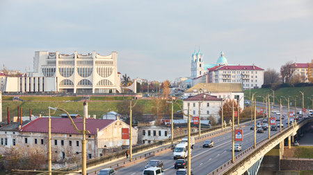 Grodno, Belarus - October 2021: Panoramic view of downtown Grodno Hrodna Belarus with Drama Theatre Academic Opera House, St. Francis Xavier Cathedral and old brige in Hrodna or Grodno Belarus 16x9.のeditorial素材