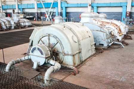 Compression department machinery. Chemical industrial interior example. High pressure nitrogen turbine compressors of nitrogen fire extinguishing system.の写真素材