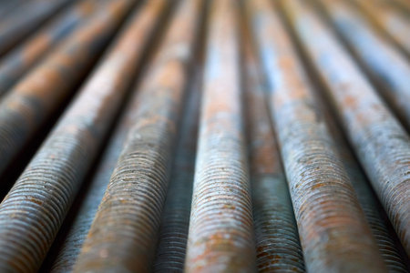 Condensing unit steel close up wire finned obsolete table grill perspective texture, compressor and air conditioning system. Selective focus industrial background metal material industry rib heater.の写真素材
