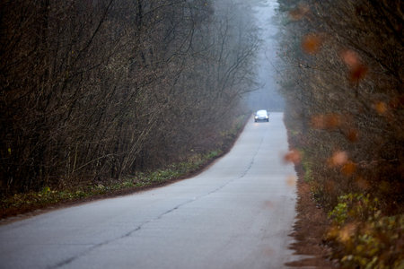 Car with headlights lit out of focus approaching along winding narrow asphalt countryside road surrounded by dense autumn forest and fog moody shot.の写真素材