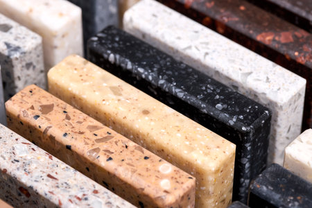 Porcelain multicolored stoneware square long samples as kitchen countertop examples of future kitchen fasade exterior. Samples slabs of natural granite marble quartz for stone countertops close up.の写真素材