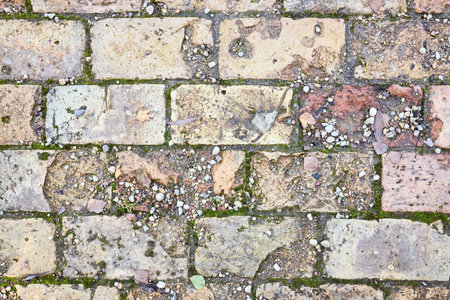 Grunge cracked orange brick wall with moss textured background.の写真素材