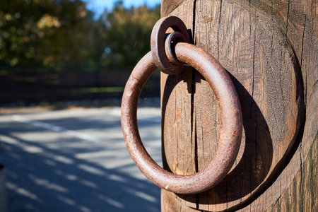 Door handle steel rusty round knocker with gossamer selective focus on brown old wooden entrance door with out of focus summer nature background with copyspace.の写真素材