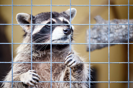 Raccoon in cage looks sadly and plaintively asks for food and freedom. Animal zoo behind bars of fence. Sad raccoon with grid wire in captivity.の写真素材