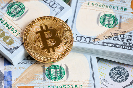 New US Dollar USD 2009 series bill bundles with metal bitcoin BTC coin over heap of bills background closeup. Digital payments concept.の写真素材
